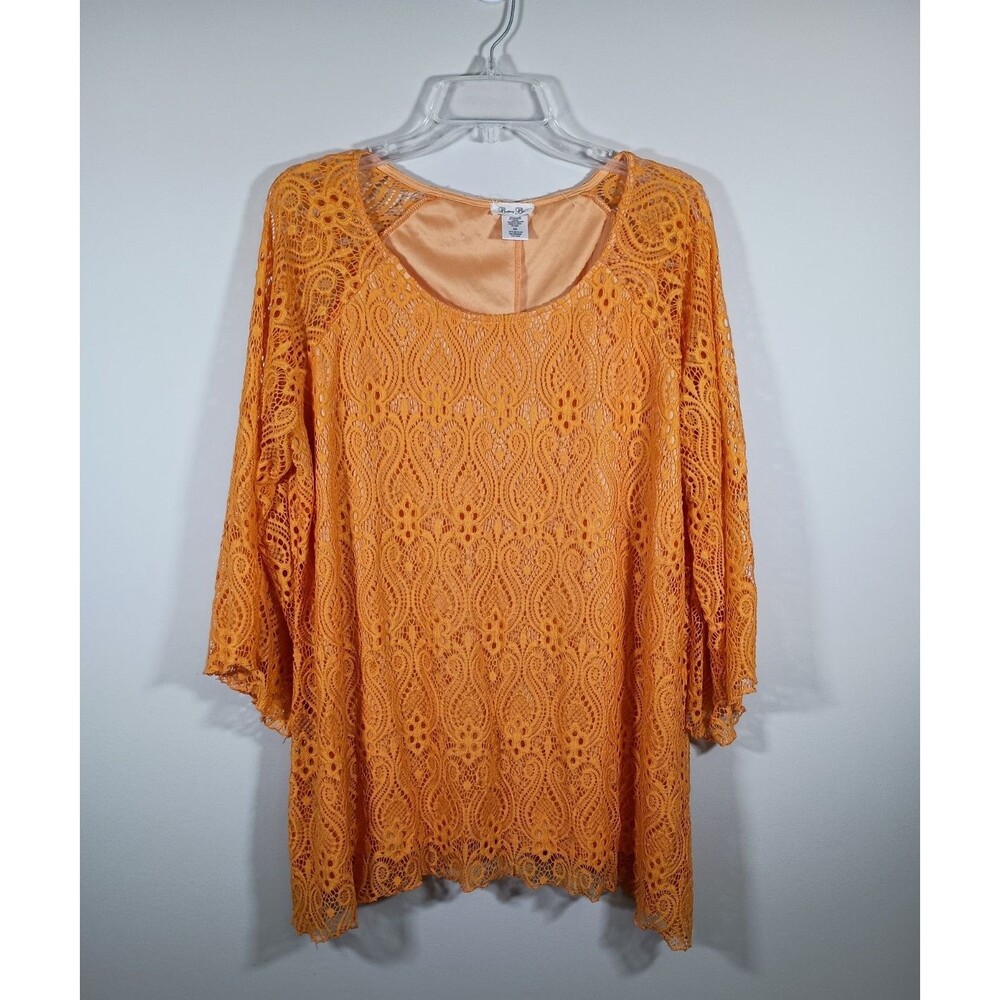 Brittany Black Yellow Lace Layered Lined 3/4 Sleeve Round Neck Top Plus Size 3X